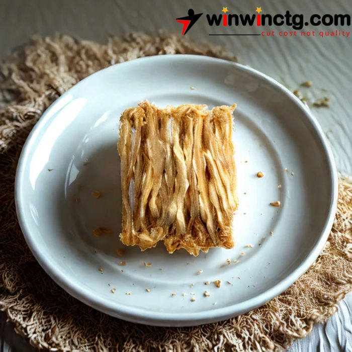A rectangular block of Traditional Loitta Dried Fish sits on a white plate, surrounded by a textured beige mat.